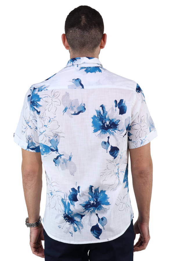 Camisa Estampado Floral Azul Manga Corta De Algodón Para Hombre